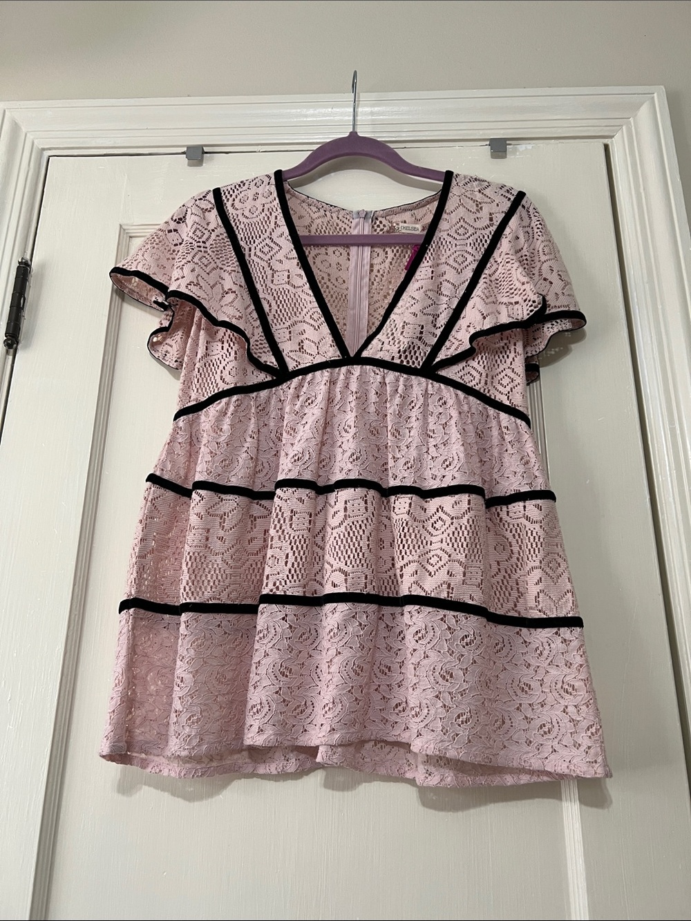 Chelsea & Violet Pink Crochet Lace Top with Black Velvet Trim